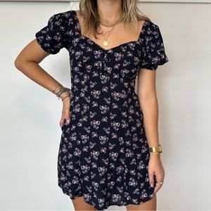 Modcloth navy blue floral mini dress puff sleeve bow V-neck summer spring flowy